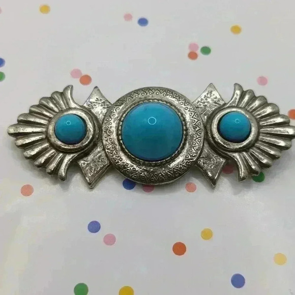 Southwestern Turquoise Brooch with enamel bead inlay distressed finish pewter - Picture 1 of 6